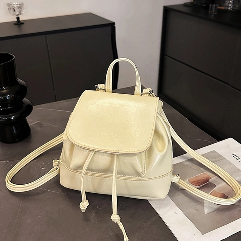 Mini Sac À Dos Cuir PU Cordon Rabat Plissé Froncé Voyage Décontracté Tendance Petit Sac À La Mode Pour Femmes