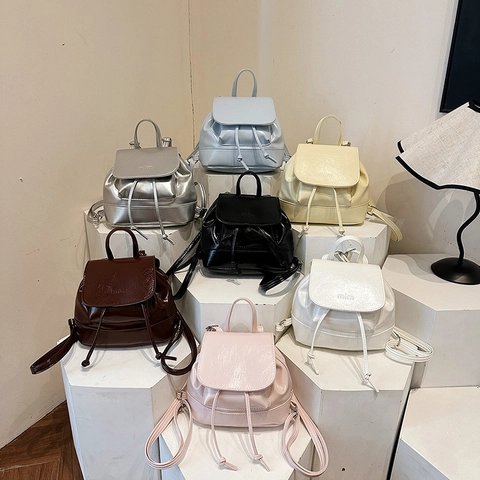 Mini Sac À Dos Cuir PU Cordon Rabat Plissé Froncé Voyage Décontracté Tendance Petit Sac À La Mode Pour Femmes