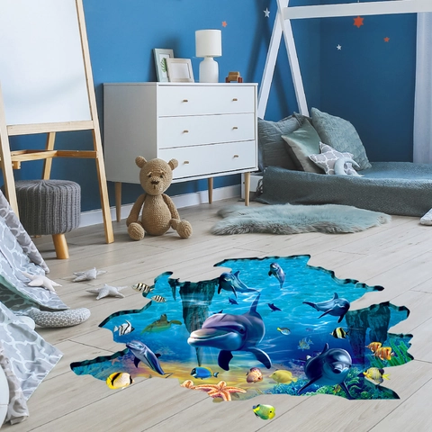 3D Ozean Welt Delfin Wandaufkleber Abnehmbare PVC Wasserdichte Bodenaufkleber Für Kinderzimmer Badezimmer Dekor Unterwasser Thema
