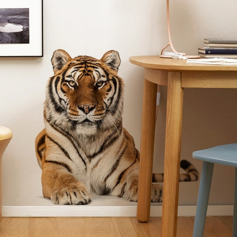 Autocollant Mural Tête de Tigre Réaliste 3D Décalcomanie Murale Animale en PVC pour Salon Chambre Décoration de Bureau