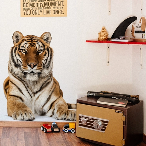 Autocollant Mural Tête de Tigre Réaliste 3D Décalcomanie Murale Animale en PVC pour Salon Chambre Décoration de Bureau