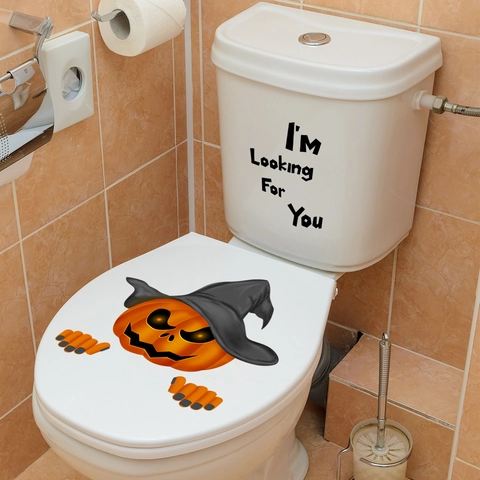 Adesivo per Gabinetto di Halloween Zucca Spaventosa Cappello da Strega Impermeabile PVC Rimovibile Arredo Bagno Decalcomania