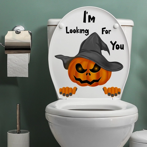 Adesivo per Gabinetto di Halloween Zucca Spaventosa Cappello da Strega Impermeabile PVC Rimovibile Arredo Bagno Decalcomania