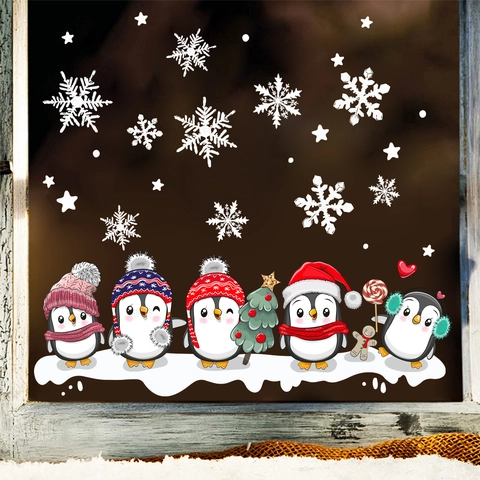 Adhesivo Estático para Ventana de Navidad con Pingüino y Copo de Nieve Visible por Ambos Lados Calcomanía de PVC Decorativa