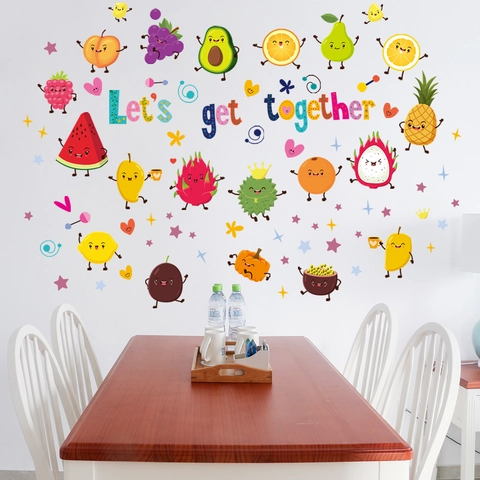 Adesivi Murali Frutta Cartoni Animati Per Cameretta Bambini Cucina Decorativi PVC Autoadesivi Con Slogan Lets Get Together Home Decor