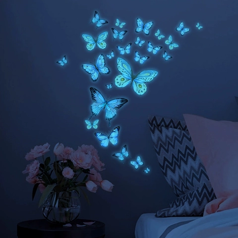 Luminous Blue Butterfly Wall Stickers Glow In The Dark Fluorescent PVC Self Adhesive Decorative DIY Mural For Bedroom Living Room