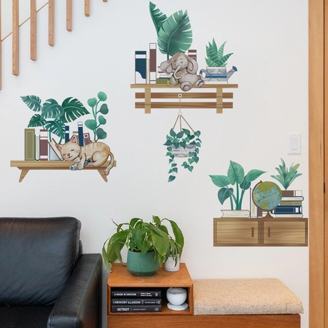 Cartoon Cat Elephant Plant Bookshelf PVC Wall Stickers Hand-drawn Removable DIY Decals For Kids Room Bedroom Home Decoration