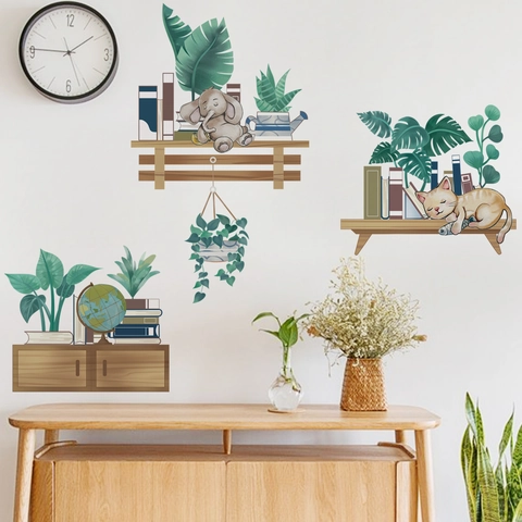 Cartoon Cat Elephant Plant Bookshelf PVC Wall Stickers Hand-drawn Removable DIY Decals For Kids Room Bedroom Home Decoration