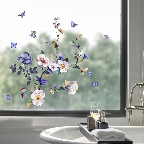 Purple Floral Butterfly Window Wall Stickers PVC Waterproof Watercolor Flower Decals For Glass Bedroom Bathroom Home Decor