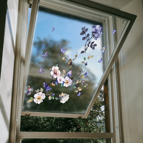 Purple Floral Butterfly Window Wall Stickers PVC Waterproof Watercolor Flower Decals For Glass Bedroom Bathroom Home Decor