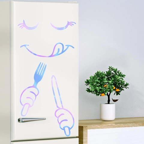 Refrigerator Stickers Glow In The Dark Fluorescent Holographic Cartoon Smiley Face Knife Fork Kitchen Wall Decals