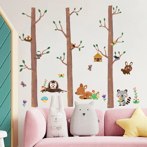 Stickers Muraux Animaux De La Forêt Arbres PVC Autocollant Dessin Animé Cerf Hibou Pour Chambre D'enfants Décor