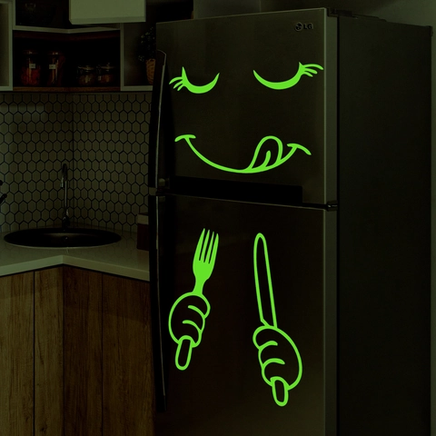 Refrigerator Stickers Glow In The Dark Fluorescent Holographic Cartoon Smiley Face Knife Fork Kitchen Wall Decals
