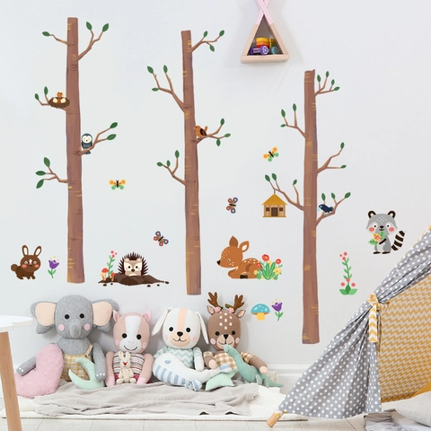 Stickers Muraux Animaux De La Forêt Arbres PVC Autocollant Dessin Animé Cerf Hibou Pour Chambre D'enfants Décor