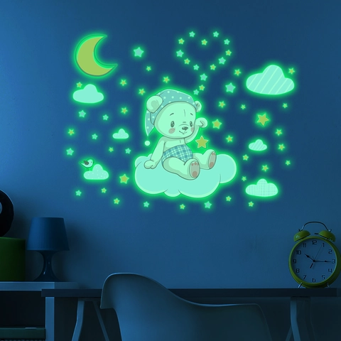 Pegatinas De Pared Luminosas Oso Luna Estrellas PVC Autoadhesivas Decoración Habitación Infantil