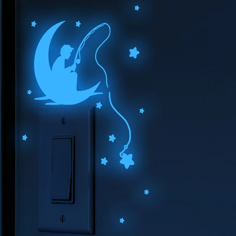 Leuchtender Wandaufkleber PVC Mond Junge Angeln Sterne Cartoon Dekor Für Schlafzimmer Wohnzimmer Kinderzimmer