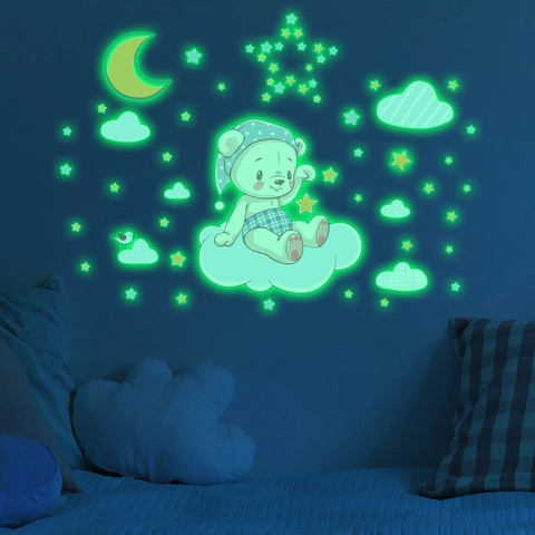 Pegatinas De Pared Luminosas Oso Luna Estrellas PVC Autoadhesivas Decoración Habitación Infantil