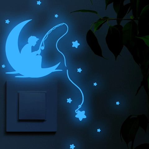 Leuchtender Wandaufkleber PVC Mond Junge Angeln Sterne Cartoon Dekor Für Schlafzimmer Wohnzimmer Kinderzimmer