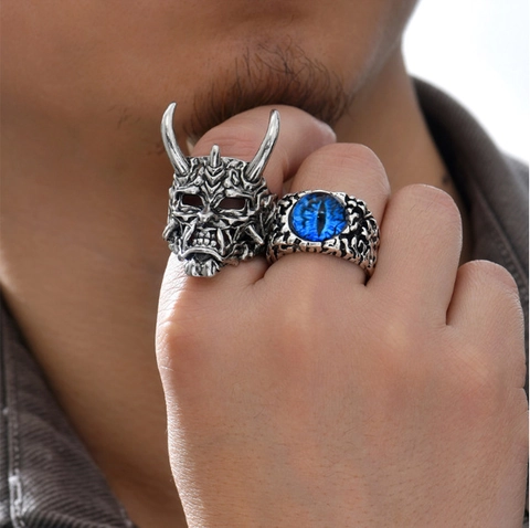 Gothic Punk Ringe Für Herren Vintage Legierung Böser Blick Und Oni Maske Teufel Verstellbarer Finger Schmuck