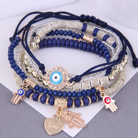 Boho Mehrlagiges Armband Legierung Harzperlen Böser Blick Hamsa Hand Herzanhänger Ethnischer Schmuck Für Damen Elegant
