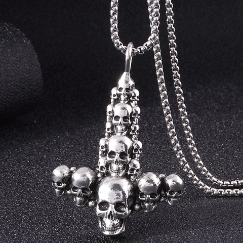 Retro Skull Cross Pendant Necklace Men Vintage Alloy Gothic Punk Style Mjolnir Design Box Chain