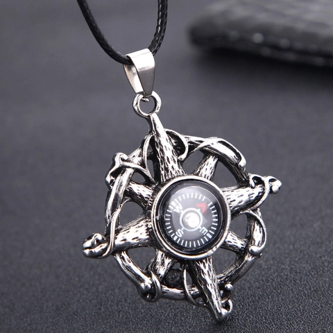 Collier Pendentif Homme Vintage Avec Boussole Fonctionnelle Alliage Argent Antique Style Punk Rétro Cordon Noir