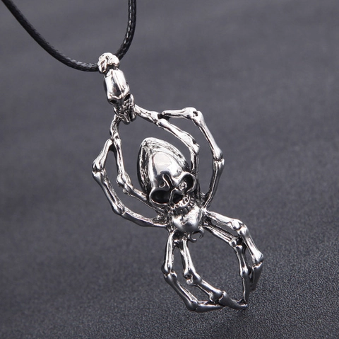 Collar con Colgante de Araña Esqueleto Gótico para Hombre Joyería de Animal de Calavera Punk Vintage en Plata Antigua con Cadena de Cuerda de Cera Regalo de Halloween