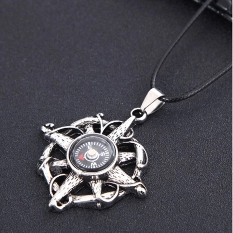 Collier Pendentif Homme Vintage Avec Boussole Fonctionnelle Alliage Argent Antique Style Punk Rétro Cordon Noir