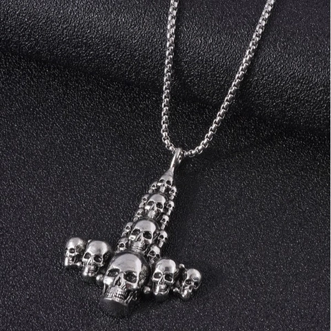 Retro Skull Cross Pendant Necklace Men Vintage Alloy Gothic Punk Style Mjolnir Design Box Chain