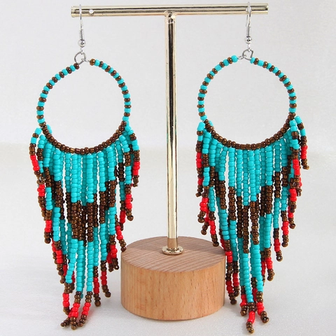 Bohemian Beaded Tassel Earrings For Women Vintage Ethnic Style Geometric Round Iron Alloy Seed Bead Handmade Jewelry