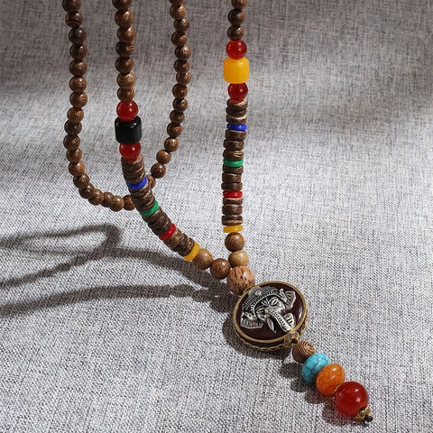 Ethnic Wood Beaded Long Necklace Vintage Alloy Ganesha Elephant Pendant Multicolor Bead Sweater Chain For Women Jewelry Gift