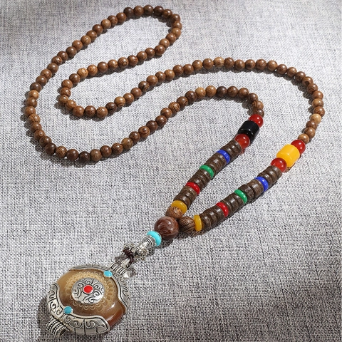 Ethnic Tibetan Style Wood Beaded Long Necklace Retro Alloy Round Pendant Multicolor Sweater Chain For Women Men Jewelry