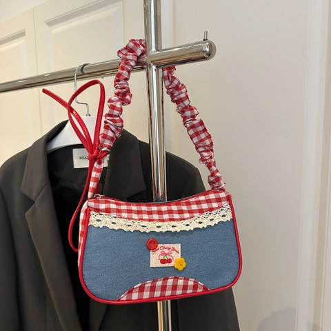 Borsa A Spalla Dolce In Denim Gingham Patch Ciliegia Pizzo Volant Borsa Sottobraccio Per Donne Ragazze Retro