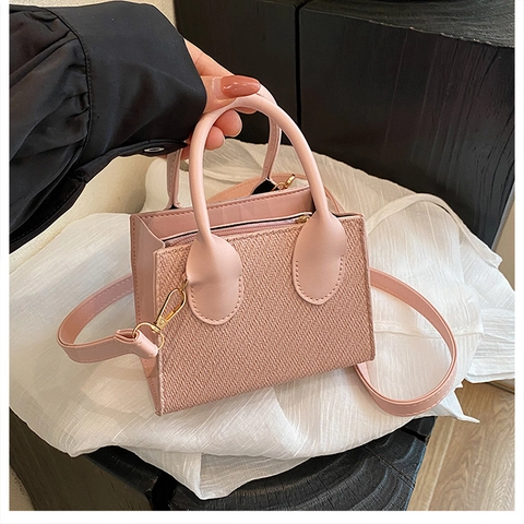 Women Mini Square Handbag PU Leather Woven Texture Chic Crossbody Bag With Top Handle And Gold Hardware For Daily Use