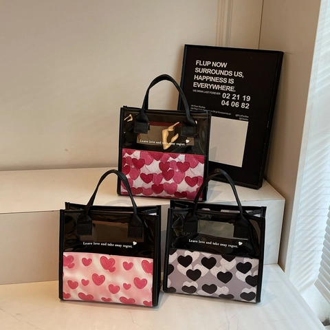 Damen Koreanisch Herzmuster Halbdurchsichtige PVC Handtasche Wasserdicht Süße Floral Tote Bag Für Täglichen Einkauf Urlaub