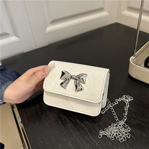 Bolso de Hombro Cuadrado Pequeño para Mujer Mini Lazo Cadena Estampado Serpiente Cuero PU Moda Dulce Bolso para Celular