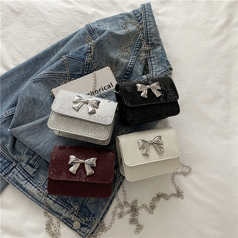 Bolso de Hombro Cuadrado Pequeño para Mujer Mini Lazo Cadena Estampado Serpiente Cuero PU Moda Dulce Bolso para Celular
