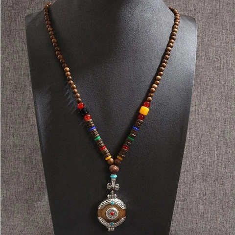 Ethnic Tibetan Style Wood Beaded Long Necklace Retro Alloy Round Pendant Multicolor Sweater Chain For Women Men Jewelry