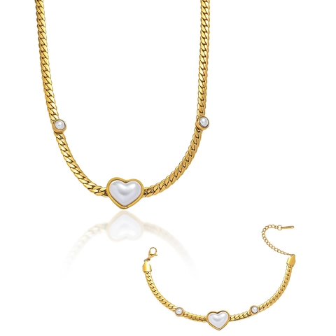 Stainless Steel Heart Jewelry Necklace And Bracelet Gold Plated With White Faux Artificial Pearl Shell Vintage Elegant For Women
