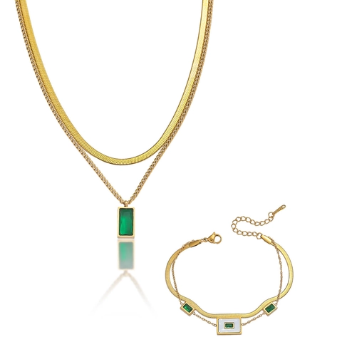 Collana E Bracciale A Doppio Strato In Acciaio Inossidabile Con Zircone Verde Smalto Bianco Pendente Geometrico Donna