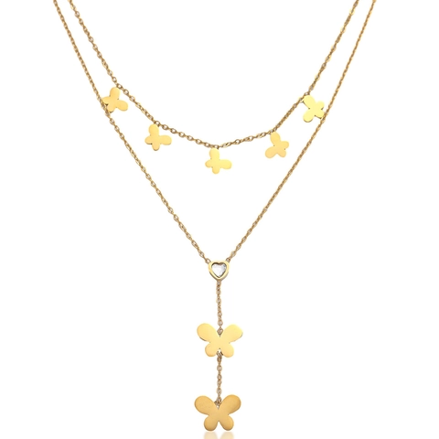 Lagenlook Schmetterling Halskette Edelstahl Herz Zirkon Anhänger Vergoldet Kette Choker Schmuck Für Damen