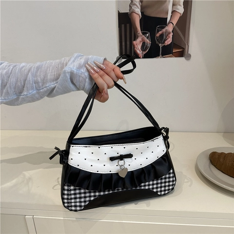 Bolso De Hombro Para Mujer Cuero PU Cuadros Color De Contraste Con Volantes Lazo Colgante Corazón Estilo Dulce