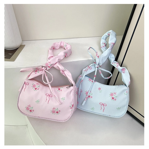 Floral Rose Print Underarm Bag Nylon Ruched Scrunchie Strap Bowknot Sweet Trendy Handbag For Women