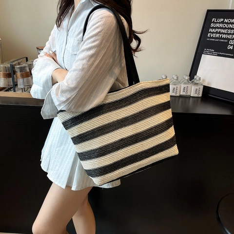 Gestreifte Gewebte Tragetasche Große Kapazität Stroh Handtasche Sommer Strand Lässige Umhängetasche Boho Stil Damen