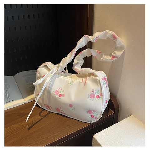 Floral Rose Print Underarm Bag Nylon Ruched Scrunchie Strap Bowknot Sweet Trendy Handbag For Women