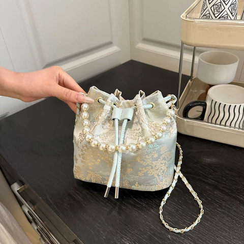 Women Satin Jacquard Embroidery Bucket Bag Elegant Pearl Handle Drawstring Crossbody Shoulder Bag With Metal Chain Strap