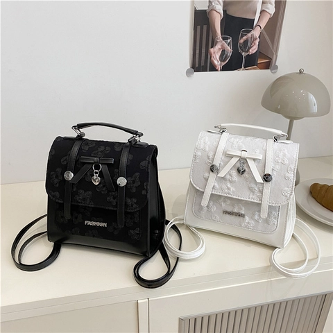 Damen Mode 3D Blumen Spitze PU Leder Rucksack Mit Schleife Herz Anhänger Süße Vintage Handtasche Freizeit Mehrzweck Tasche