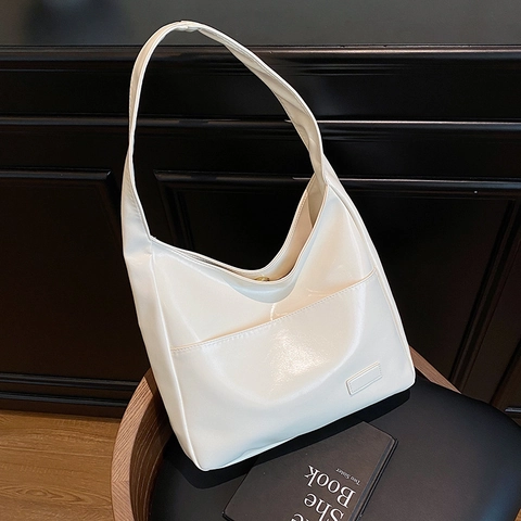 Women Glossy PU Leather Shoulder Bag Large Capacity Minimalist Retro Hobo Tote For Daily Commute Solid Color Stylish