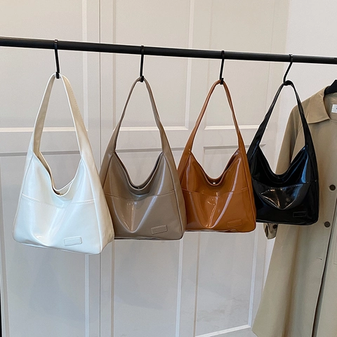 Women Glossy PU Leather Shoulder Bag Large Capacity Minimalist Retro Hobo Tote For Daily Commute Solid Color Stylish