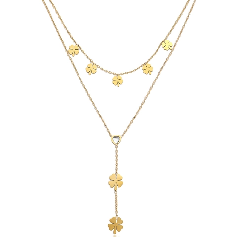 Collana A Doppio Strato In Acciaio Inossidabile Dorato Trifoglio Cuore Zircone Catena A Y Gioielli Per Donna